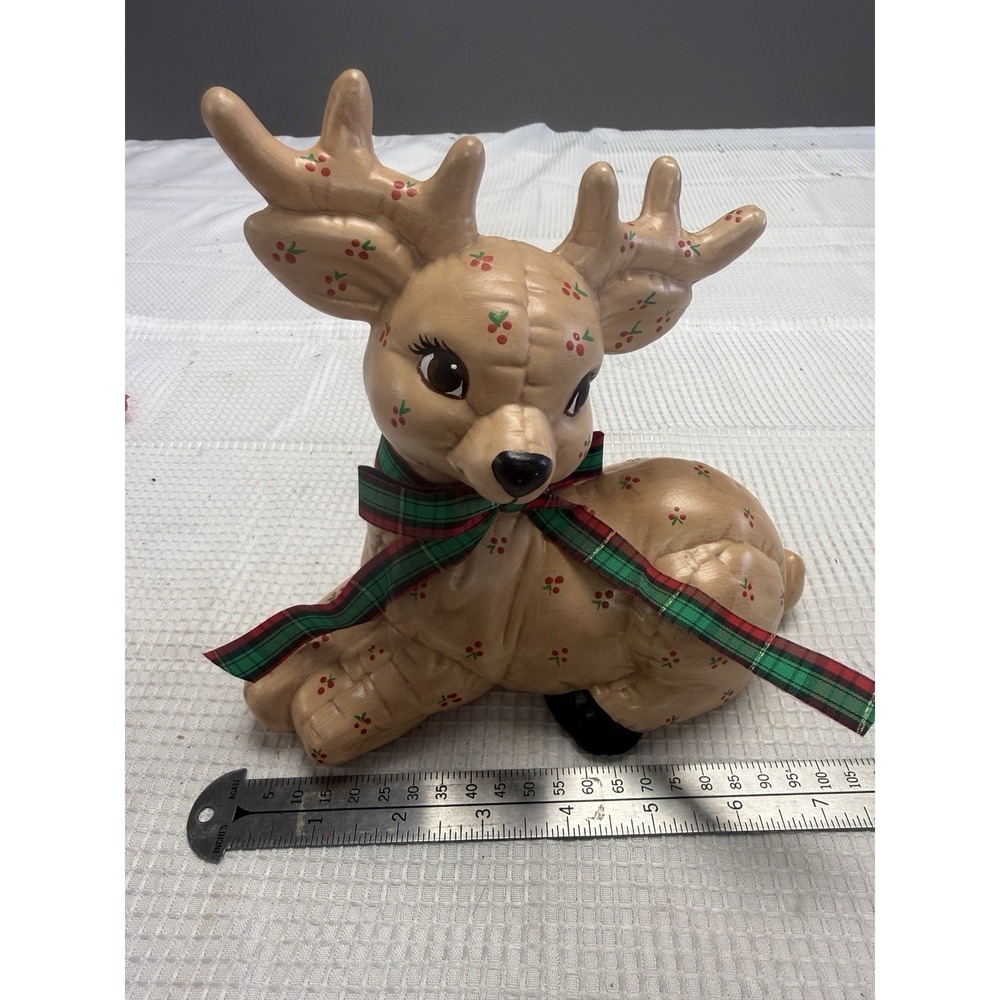 Vintage Hand Painted Kimple Ceramic Mold Quilted Christmas Reindeer Figurine